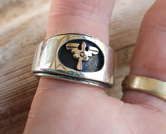 Military ring,two tone signet ring,10k gold and sterling silver,aviation,parachutist, gold symbol , wedding ring,winged   symbol