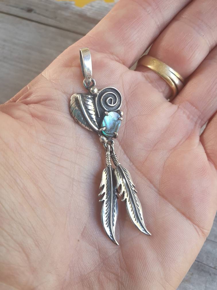 Paua shell feather pendant,sterling silver,boho shell pendant,biker chick,  gypsy,hippy,