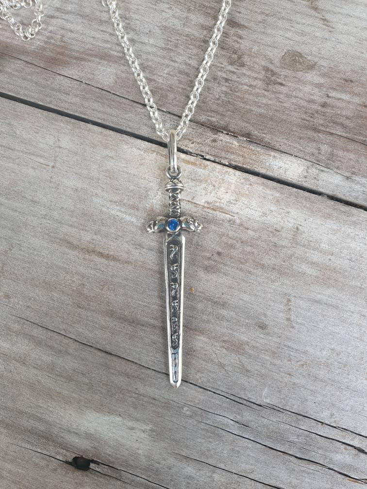 sword pendant,sterling silver pendant,beautifully  detailed with lions heads,medieval long pendant.