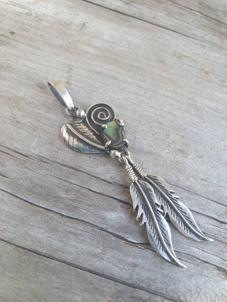 Paua shell feather pendant,sterling silver,boho shell pendant,biker chick,  gypsy,hippy,