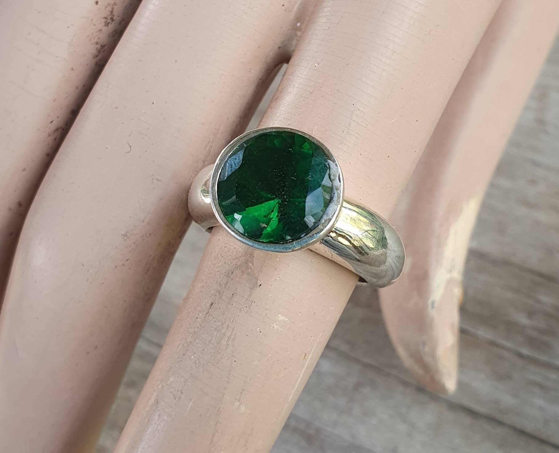 Green Cubic zirconia ring,sterling silver,green stone, cz,chunky solitare,silver cz,handmade, ring,goddess,boho,solitare ring,new age,