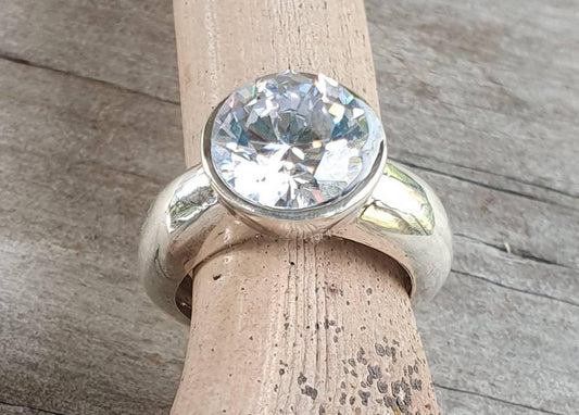 Cubic zirconia ring,sterling silver,chunky solitare,silver cz,handmade, ring,goddess,boho,solitare ring,new age,