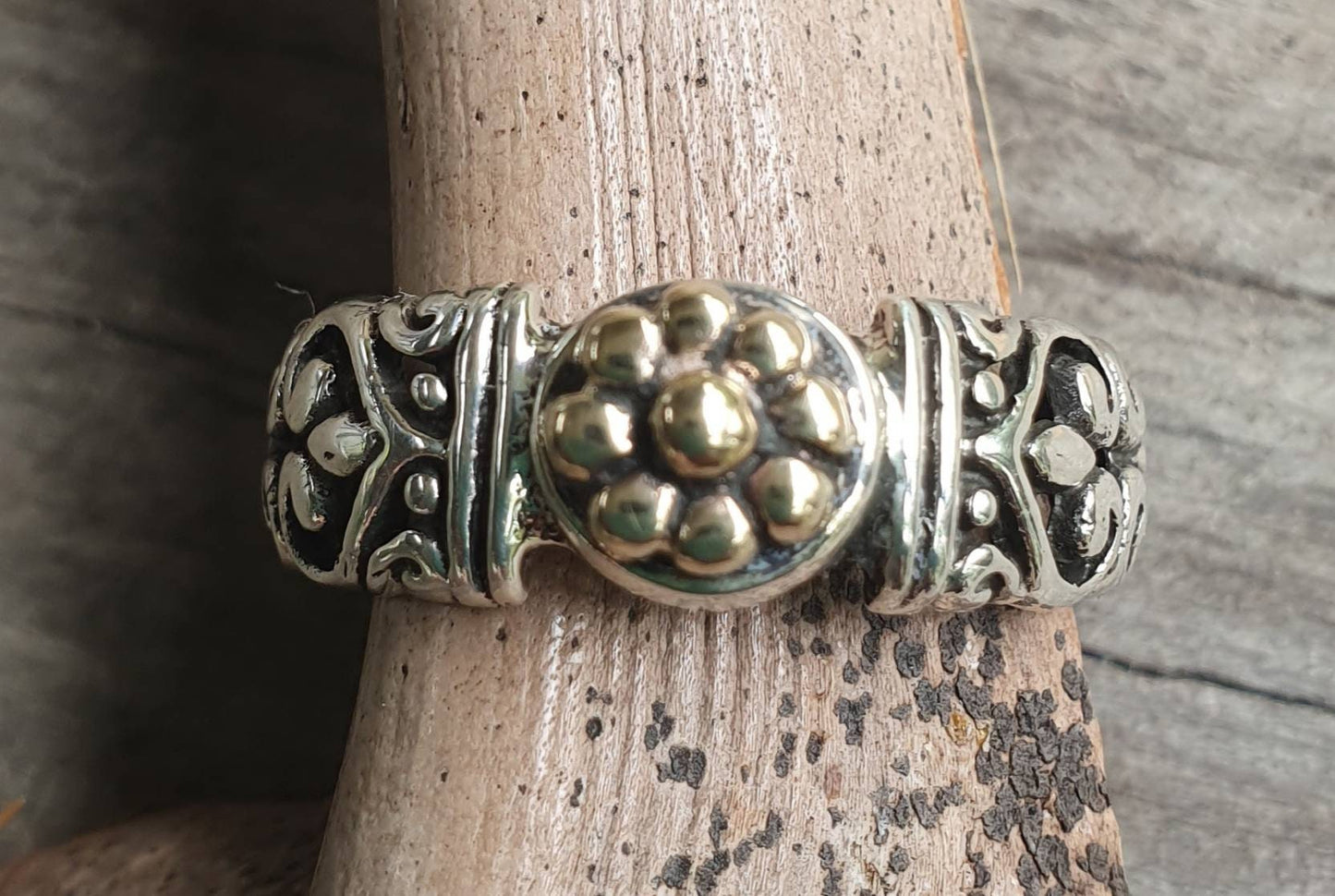 Filegree ring,two tone,9k gold and sterling silver,vintage,flower,boho,handmade,gypsy,goddess,women fashion