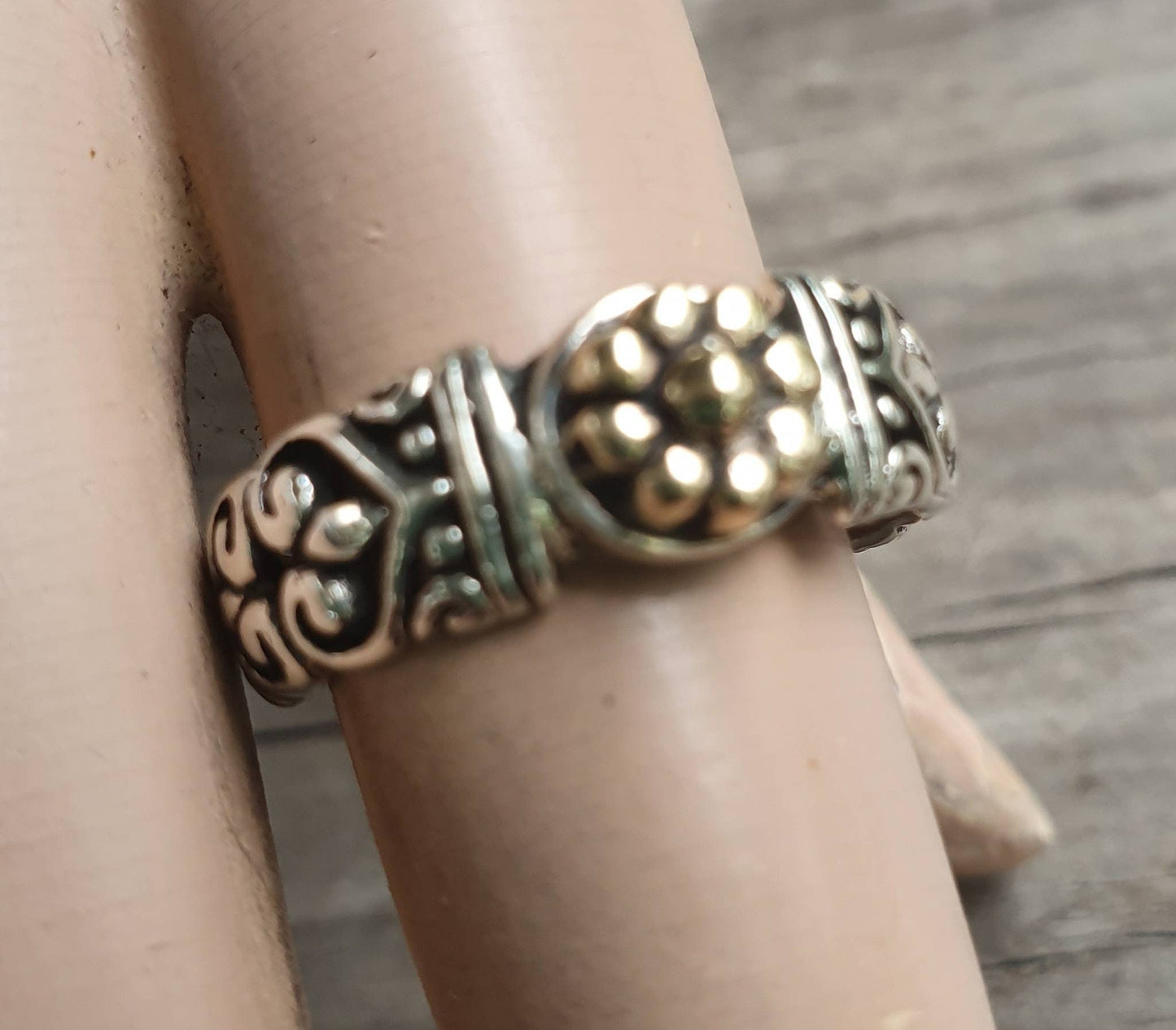 Filegree ring,two tone,9k gold and sterling silver,vintage,flower,boho,handmade,gypsy,goddess,women fashion