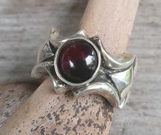 Chunky garnet  ring,solid sterling silver band,unusual pyramid shaped, industrial band,mans garnet wedding dress ring