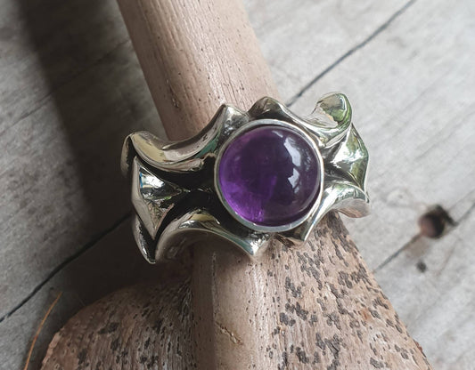 Amethyst ring,chunky,solid sterling silver band,unusual pyramid shaped, industrial band,mans garnet wedding dress ring