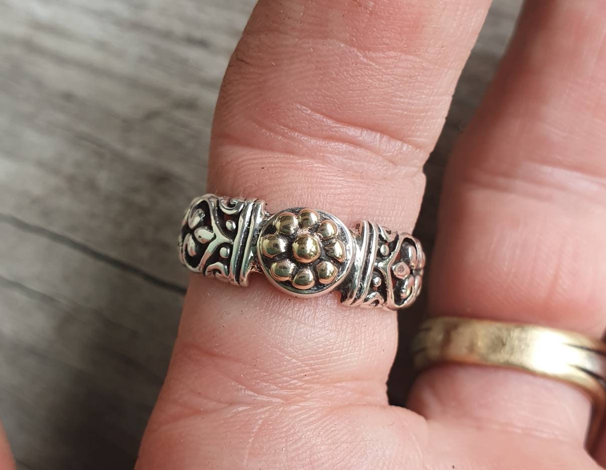 Filegree ring,two tone,9k gold and sterling silver,vintage,flower,boho,handmade,gypsy,goddess,women fashion