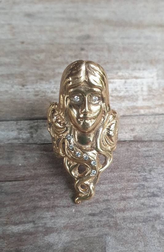 Ladies face ring,9ct gold and diamond's, art nouveau,ladies, goddess, victorian,boho,gypsy,hippy,long ring,handmade,women's fashion,deco