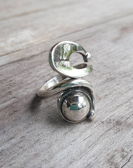 Long silver ring,sterling silver,swirl, boho,hipster chic,womens fashion,goddess,hand made