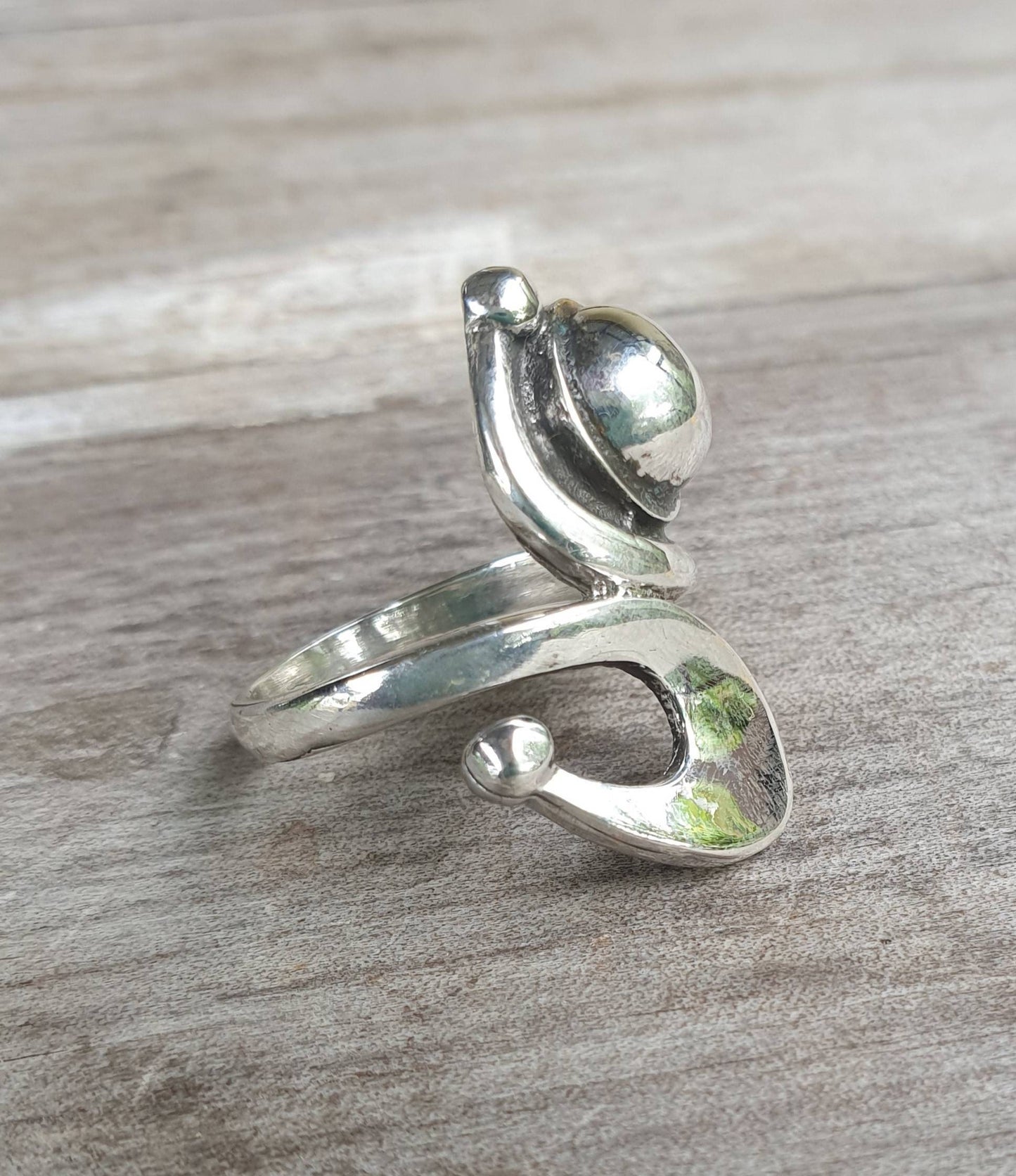 Long silver ring,sterling silver,swirl, boho,hipster chic,womens fashion,goddess,hand made