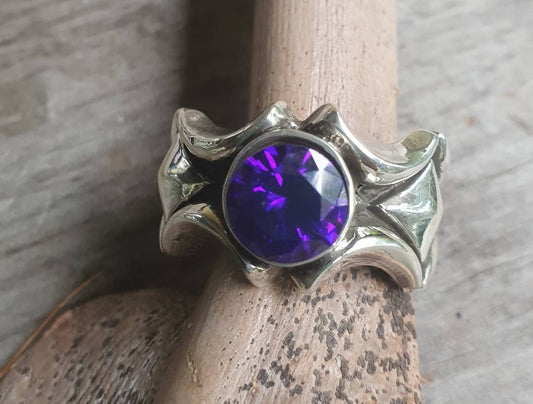 Chunky ring,solid sterling silver,purple cz,unusual pyramid shaped, industrial band,mans garnet wedding dress ring