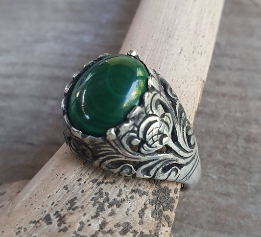 Malachite  ring,filegree ring,thistle,unisex,sterling silver,gemstone ring,crystal, wedding,dress ring,antique style,boho,gypsy