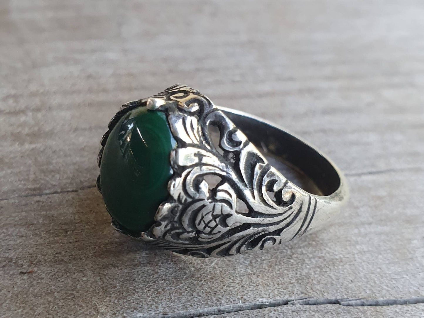 Malachite  ring,filegree ring,thistle,unisex,sterling silver,gemstone ring,crystal, wedding,dress ring,antique style,boho,gypsy