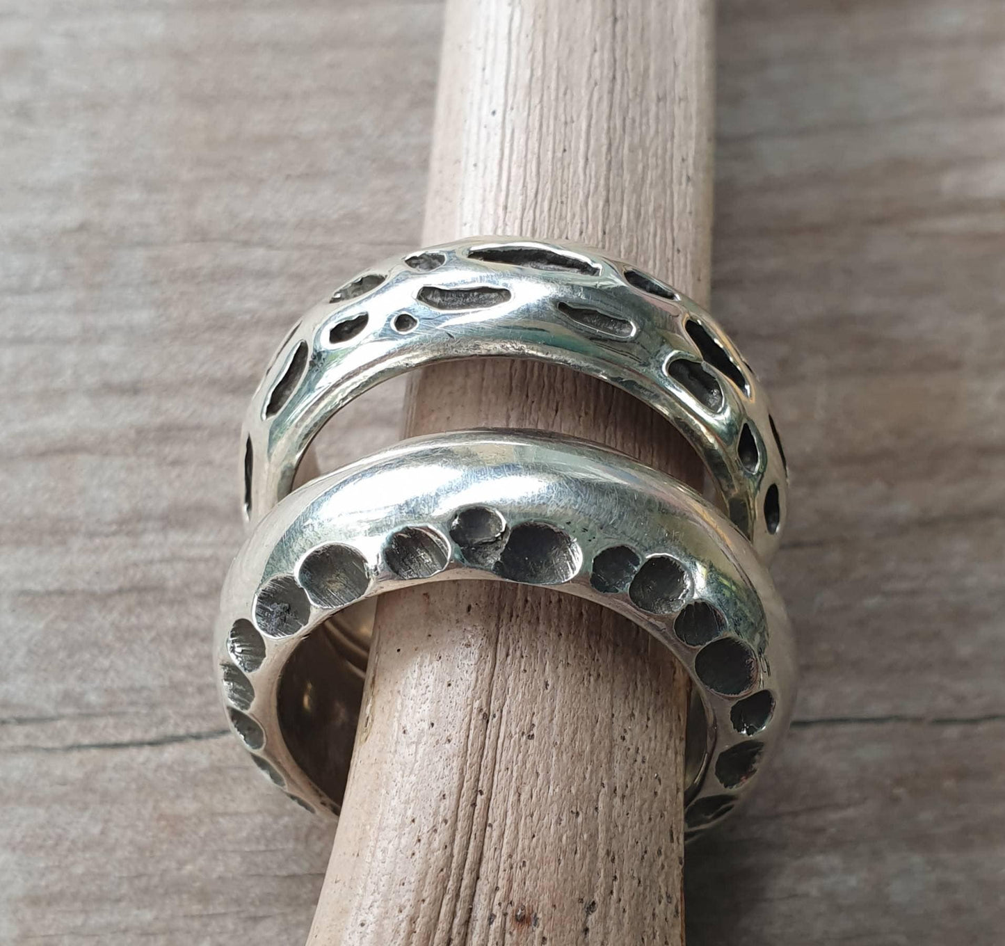 Chunky rustic band, nugget,2 sterling silver rings,handmade  hammered stackers,industrial,steampunk wedding,dress ring