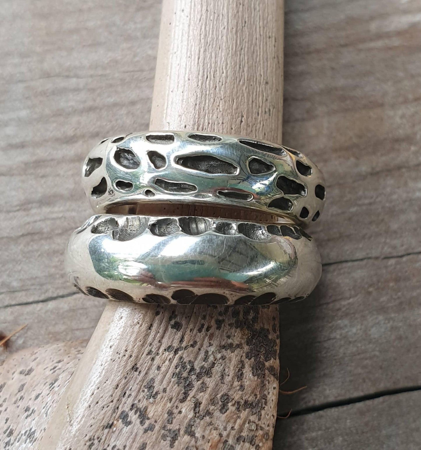 Chunky rustic band, nugget,2 sterling silver rings,handmade  hammered stackers,industrial,steampunk wedding,dress ring