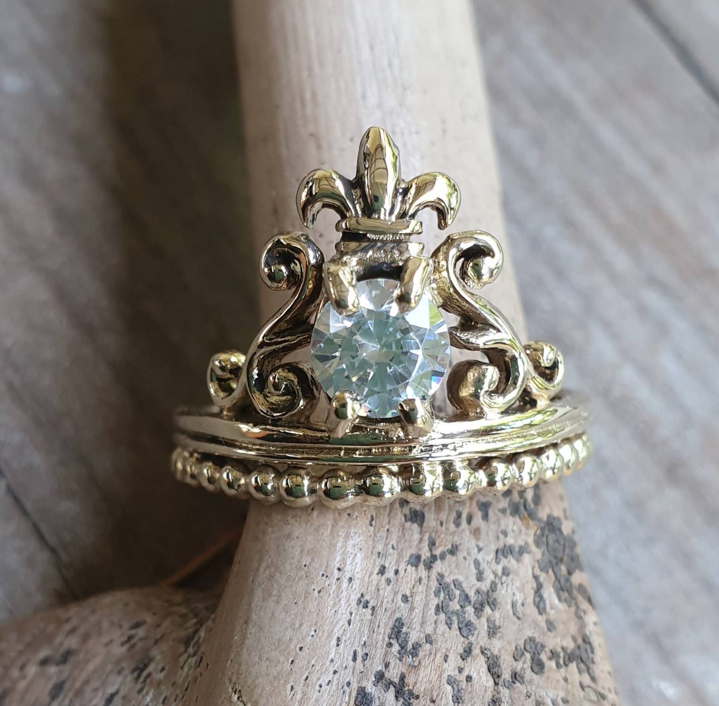 Cz ring,vintage scroll,brass,crown ,steampunk,art nouveau,long ring, victorian,boho,gypsy,handmade,rockabilly,grunge,crystal