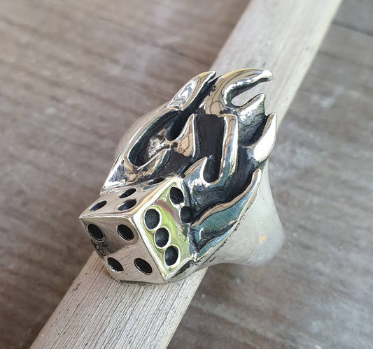 Large flame ring, dice,sterling silver,chunky mans gambling,vegas,ed Roth, ratfink,rockabilly,hipster, sterling silver,hand made,biker