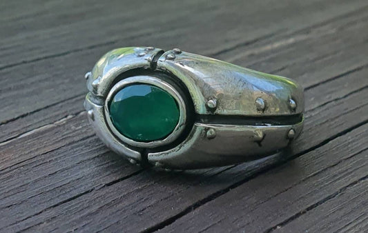 Green onyx ring,chunky mans industrial ring,sterling silver,handmade, steampunk,solid dress ring,wedding ring,mans stone ring,gemstone ring,