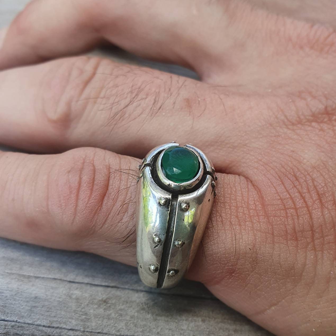 Green onyx ring,chunky mans industrial ring,sterling silver,handmade, steampunk,solid dress ring,wedding ring,mans stone ring,gemstone ring,