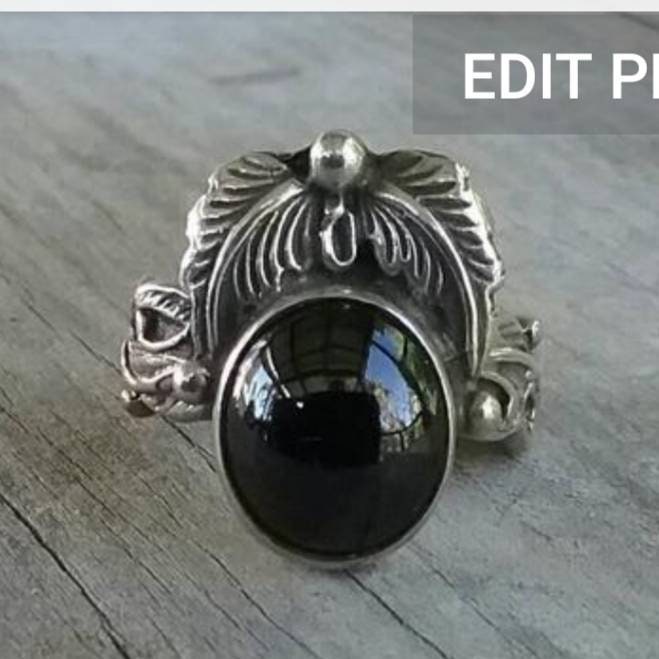 Black onyx ring,leaf ring,sterling silver, steampunk, gothic, art nouveau ,victorian, vintage,hand made,boho,goddess,black stone,vine flower