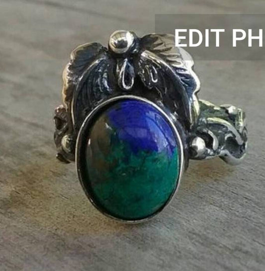 Azurite,leaf ring,sterling silver,handmade, gothic,art nouveau,victorian,vintage,boho,gypsy,goddess,woodland,hipster,chic,tribal,biker