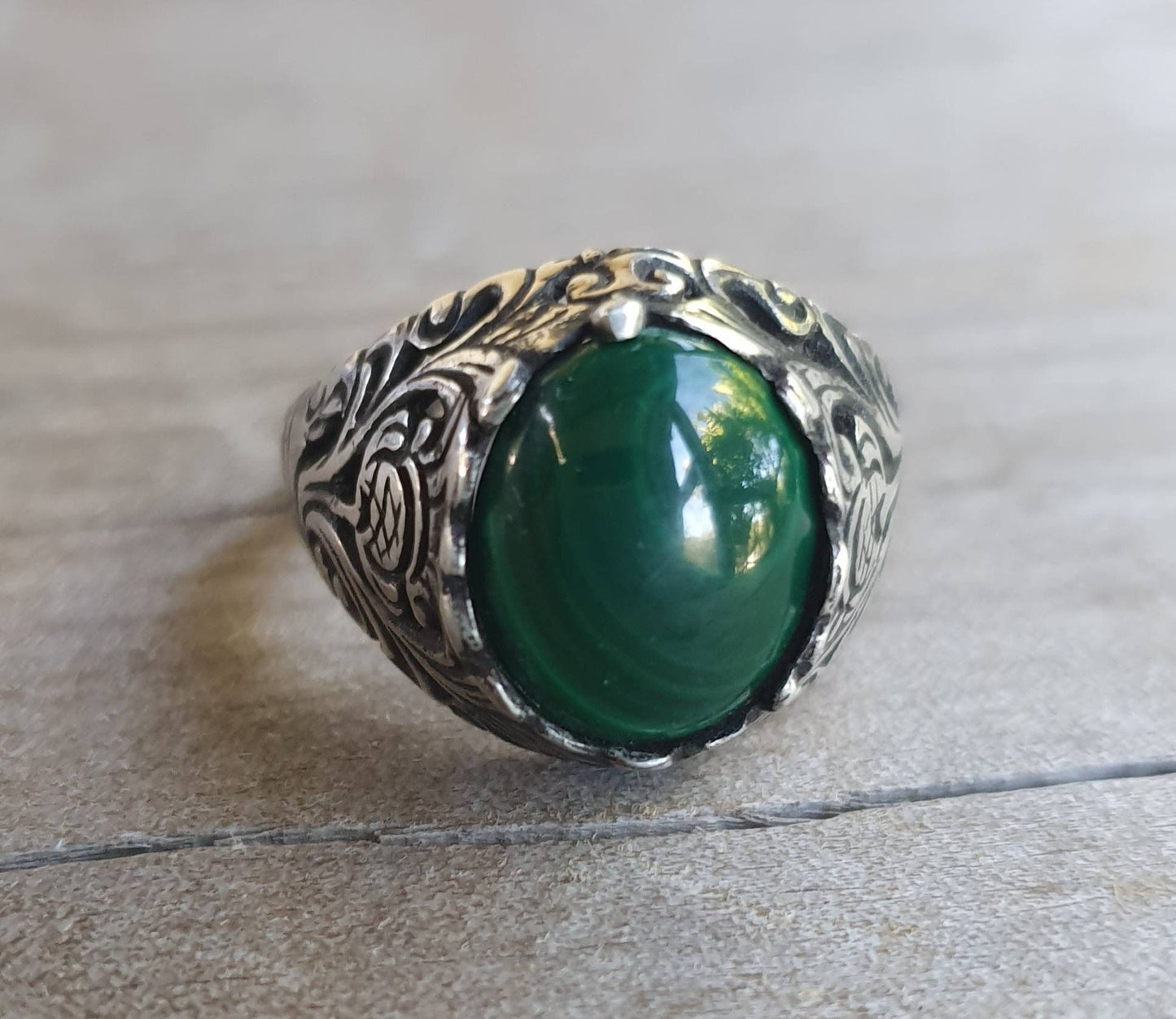 Malachite  ring,filegree ring,thistle,unisex,sterling silver,gemstone ring,crystal, wedding,dress ring,antique style,boho,gypsy