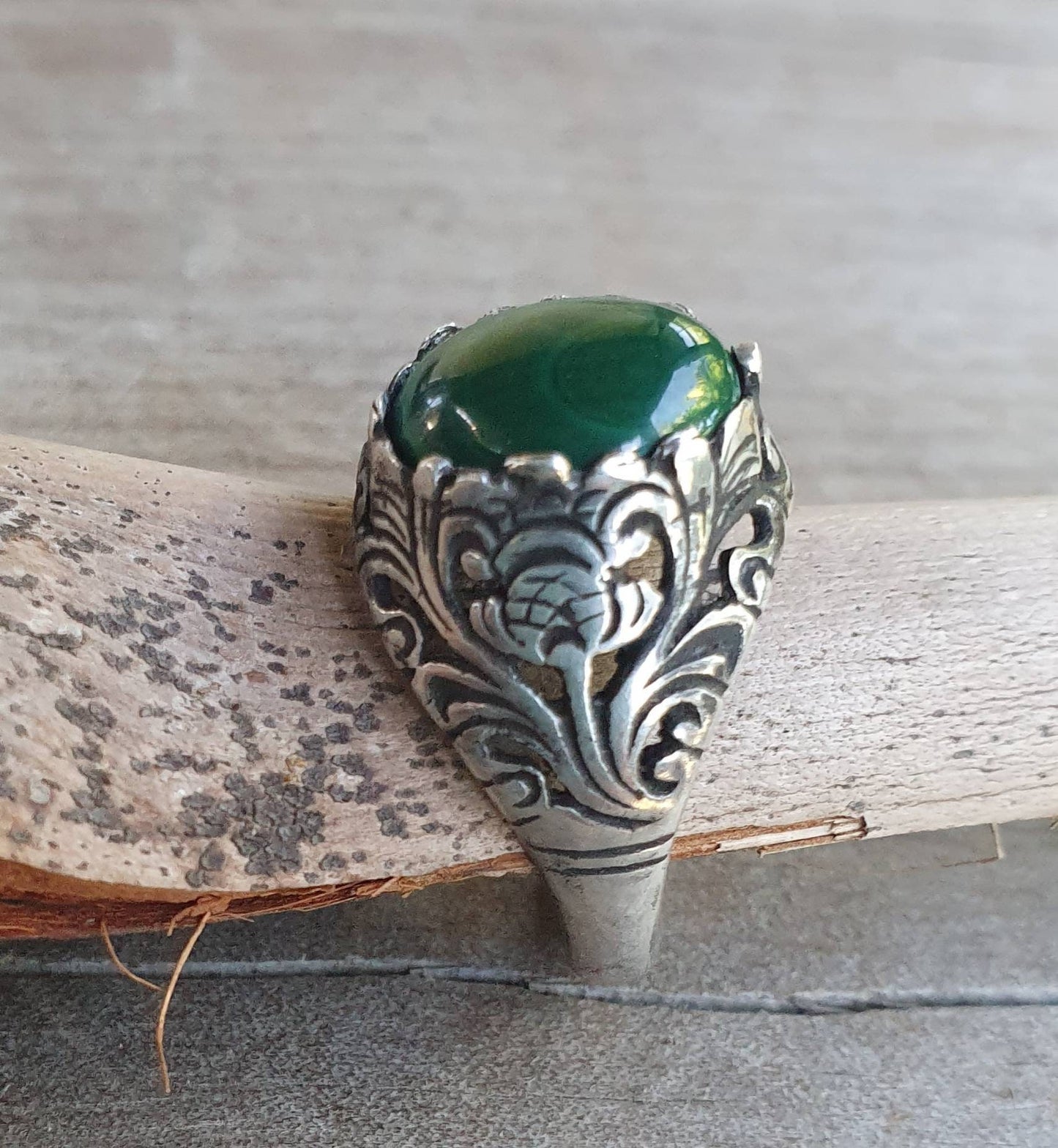 Malachite  ring,filegree ring,thistle,unisex,sterling silver,gemstone ring,crystal, wedding,dress ring,antique style,boho,gypsy