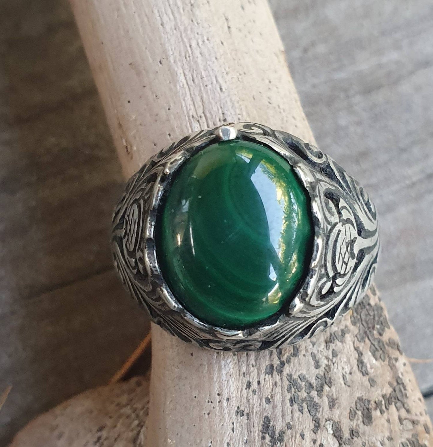 Malachite  ring,filegree ring,thistle,unisex,sterling silver,gemstone ring,crystal, wedding,dress ring,antique style,boho,gypsy