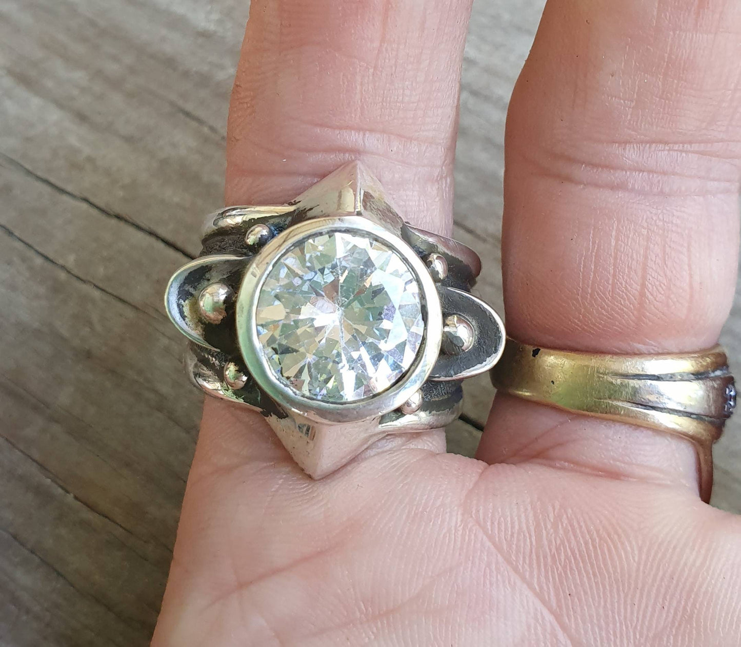 Chunky cz ring,sterling silver,cubic zirconia,steampunk,medieval,tribal,industrial,large silver ring,mans stone ring,unisex ring,