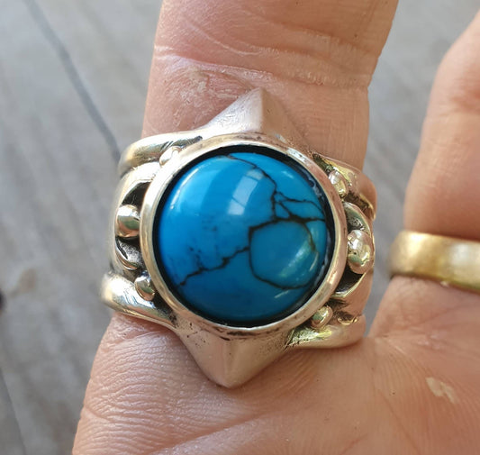 Turquoise ring,sterling silver,large  cabachon,chunky unisex ring,wedding ring,boho,gemstone ring,handmade, retro,signet,