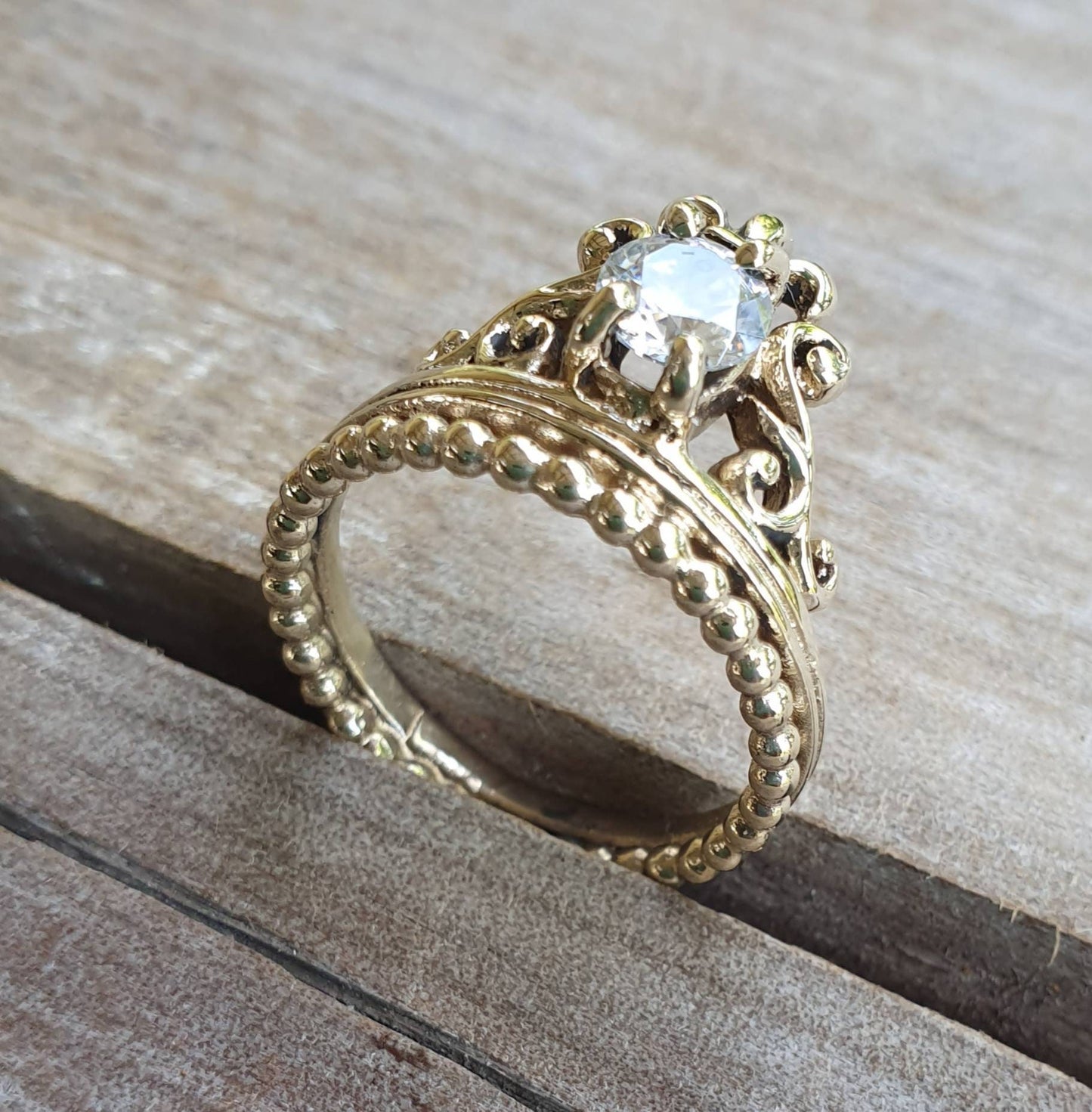 Cz ring,vintage scroll,brass,crown ,steampunk,art nouveau,long ring, victorian,boho,gypsy,handmade,rockabilly,grunge,crystal