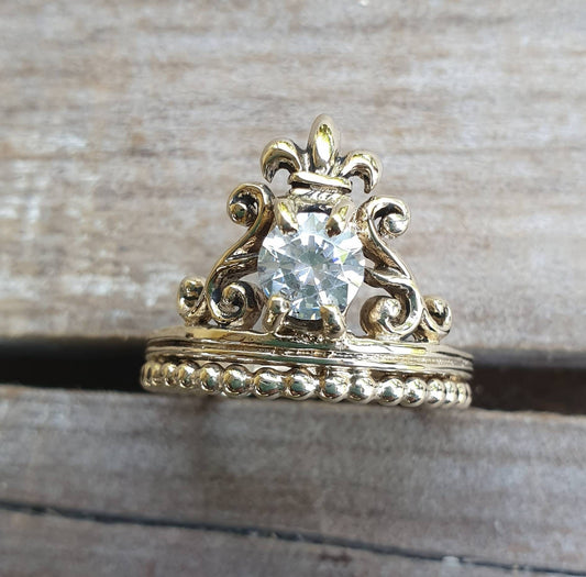 Cz ring,vintage scroll,brass,crown ,steampunk,art nouveau,long ring, victorian,boho,gypsy,handmade,rockabilly,grunge,crystal