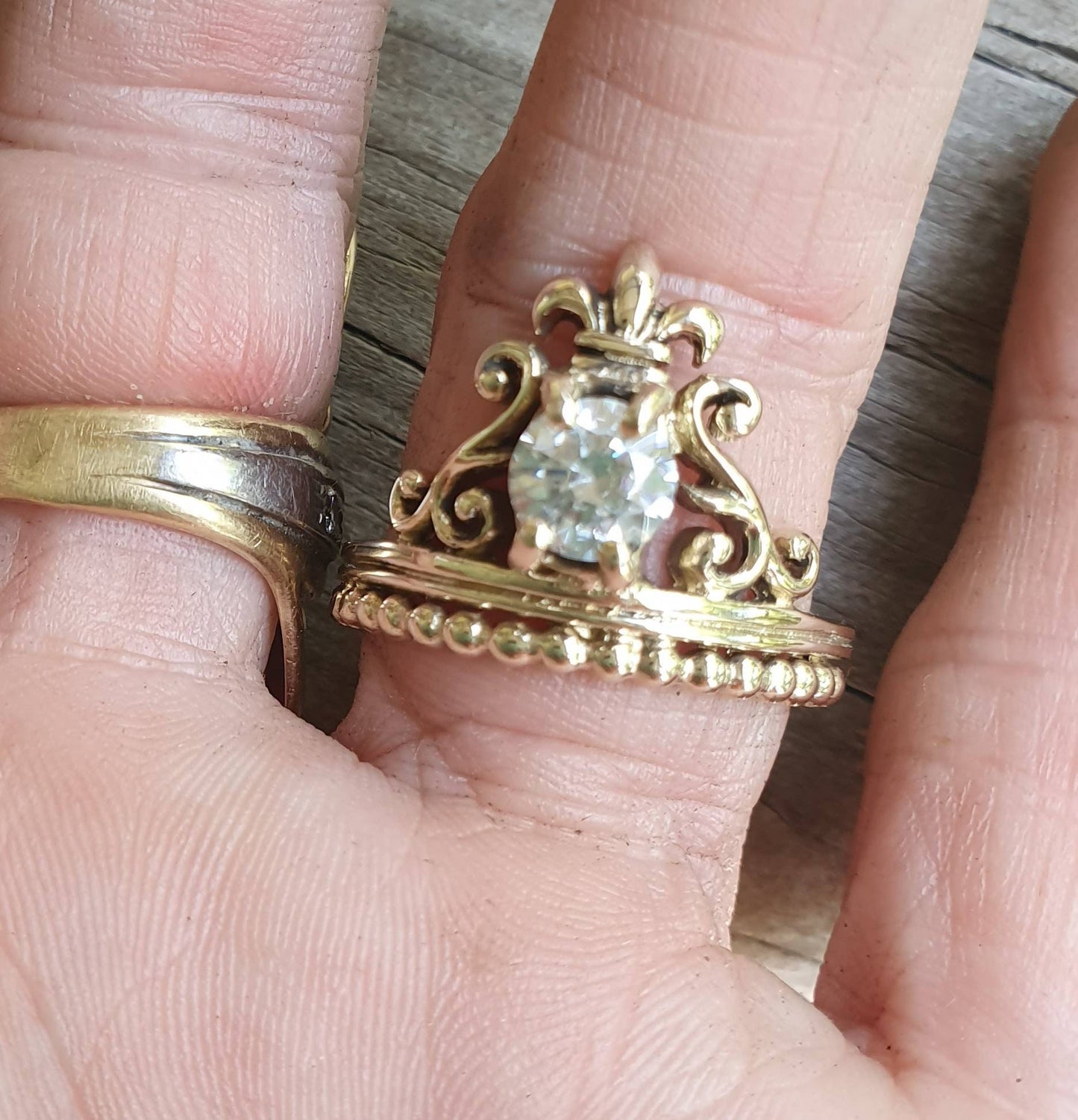 Cz ring,vintage scroll,brass,crown ,steampunk,art nouveau,long ring, victorian,boho,gypsy,handmade,rockabilly,grunge,crystal