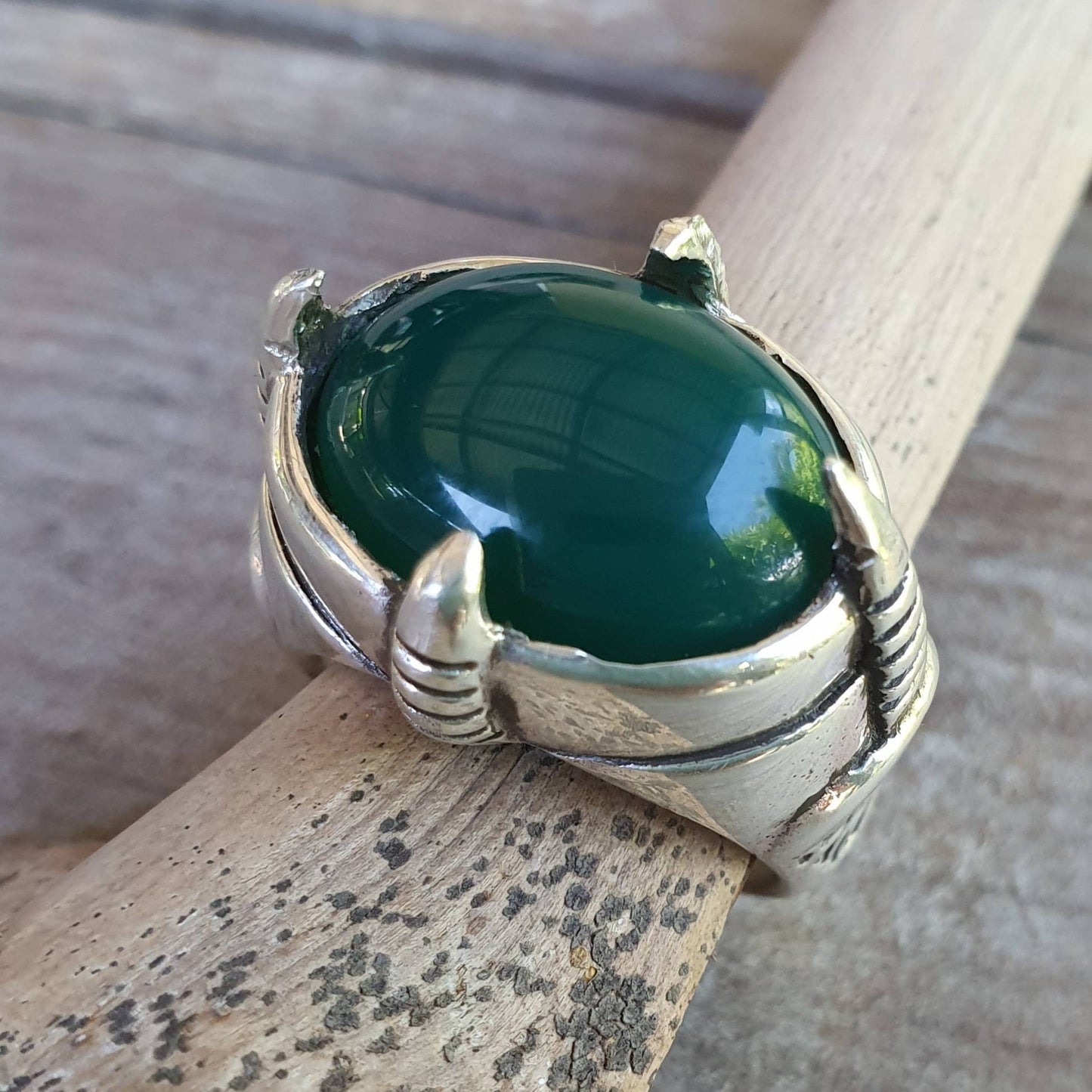 Green onyx ring,sterling silver, claw ring,steampunk,dragon claw,gothic,punk,geiger,alien,talon,eagle,handmade,new age,