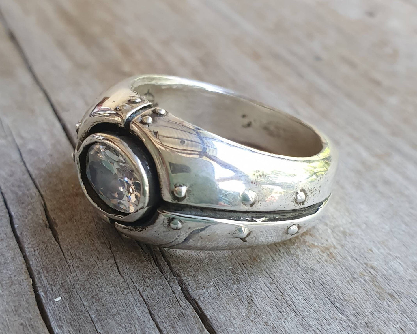 Cz ring,chunky mans industrial ring,sterling silver,handmade, steampunk,solid dress ring,wedding ring,mans stone ring,gemstone ring,