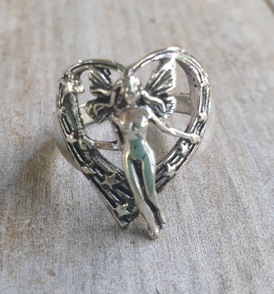 fairy,heart ring,sterling silver,heart and stars,art nouveau faerie,woodland,goddess,angel,new age,magic,boho,nymph,gypsy,shic,goddess