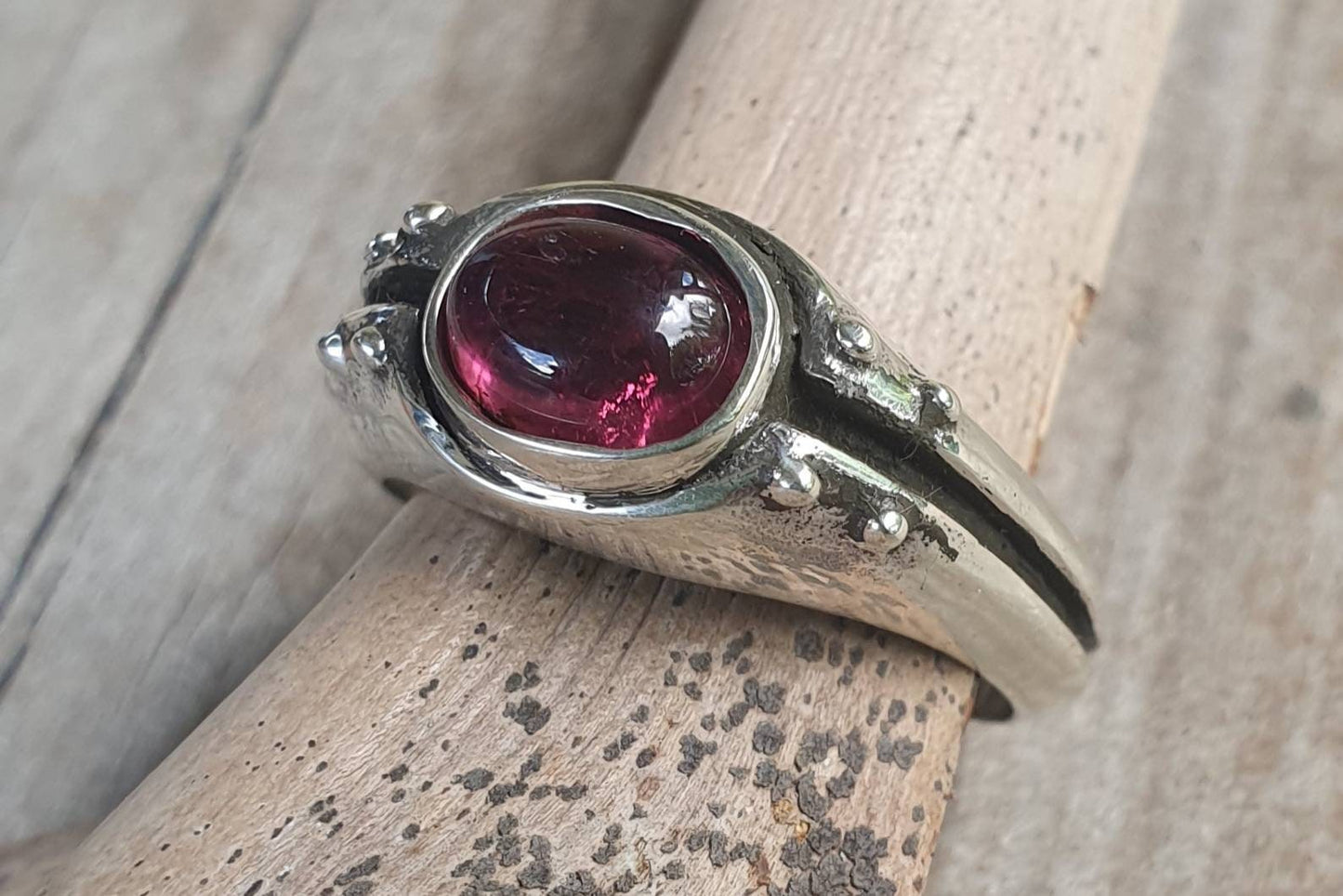 Garnet ring,sterling silver,rustic industrial  handmade,cabachon,ring,boho,new age,ball ring,