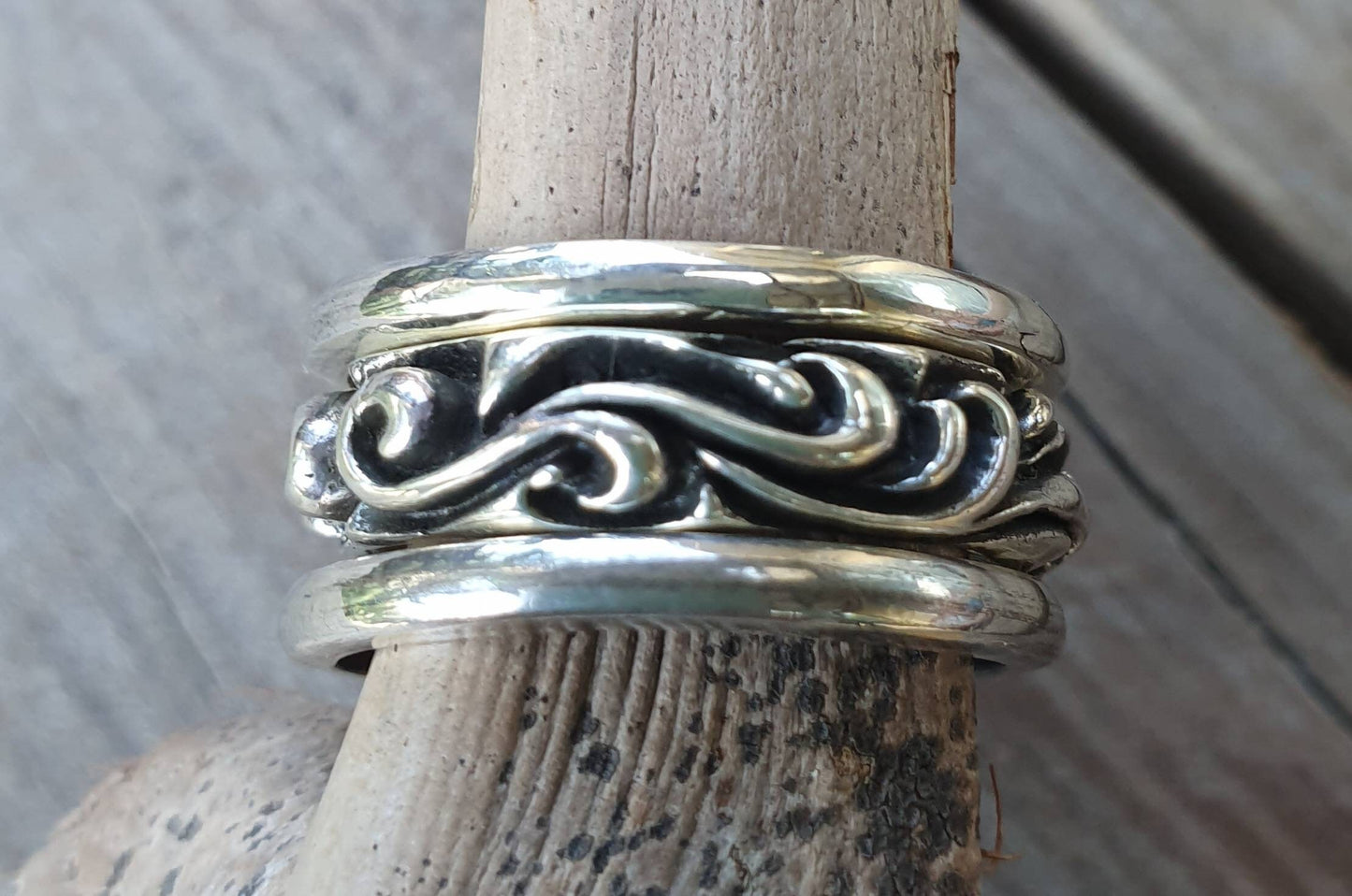 3 piece stacker rings,sterling silver bands,chunky handmade,vintage scroll,Victorian pattern ring,silver wedding ring,solid band