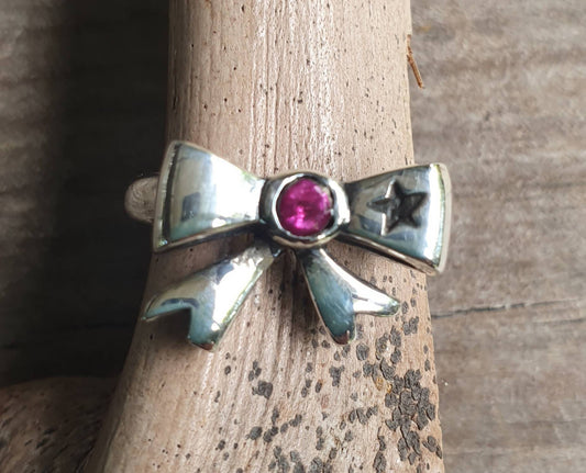 Bow ring,sterling silver,synthetic ruby cz,ribbon ring,bow, rockabilly,victorian,boho,goddess,handmade