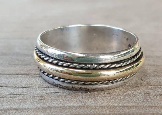 spinner ring,9ct,9k gold and sterling silver,handmade,tribal,two tone wedding ring,bespoke