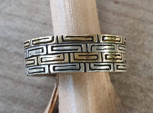 Two tone band,tribal Aztec ring,9k gold and sterling silver,rustic wedding,boho,gypsy,handmade,goddess,designer ring