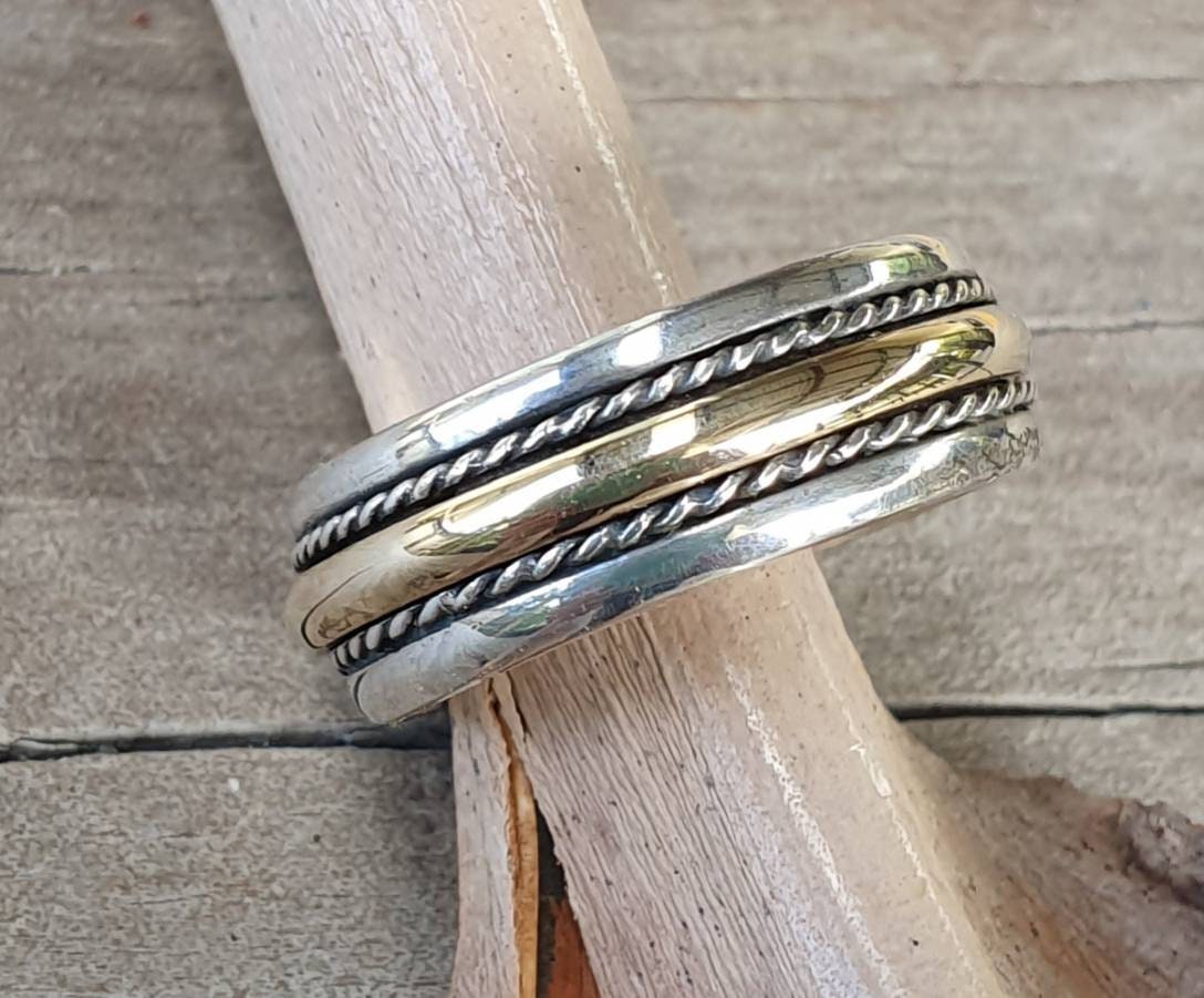 spinner ring,9ct,9k gold and sterling silver,handmade,tribal,two tone wedding ring,bespoke