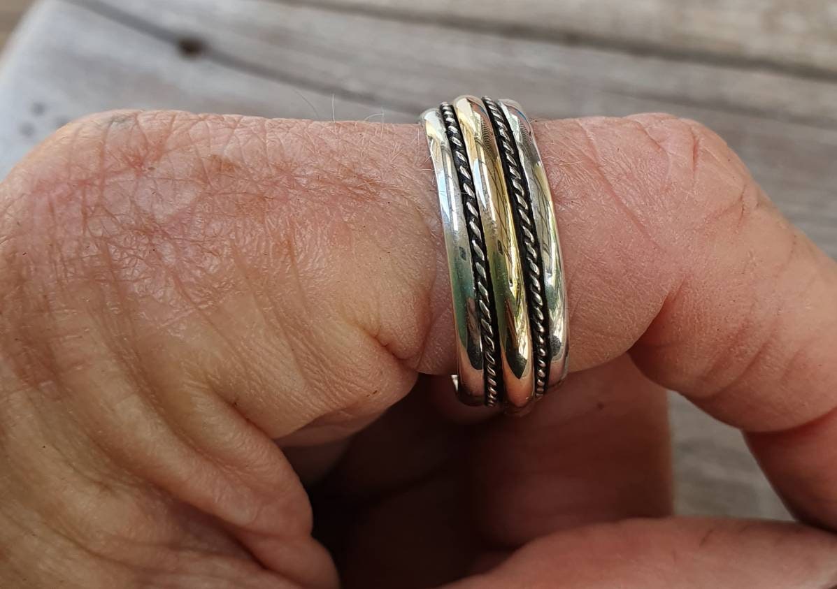 spinner ring,9ct,9k gold and sterling silver,handmade,tribal,two tone wedding ring,bespoke