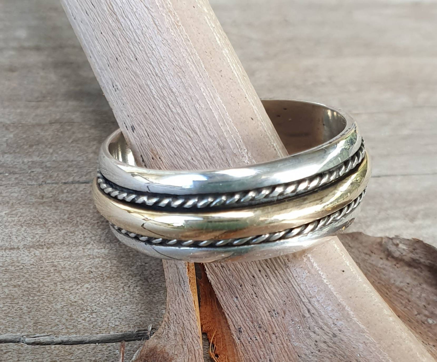 spinner ring,9ct,9k gold and sterling silver,handmade,tribal,two tone wedding ring,bespoke