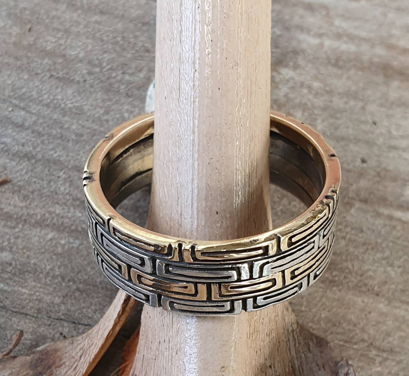 Two tone band,tribal Aztec ring,9k gold and sterling silver,rustic wedding,boho,gypsy,handmade,goddess,designer ring