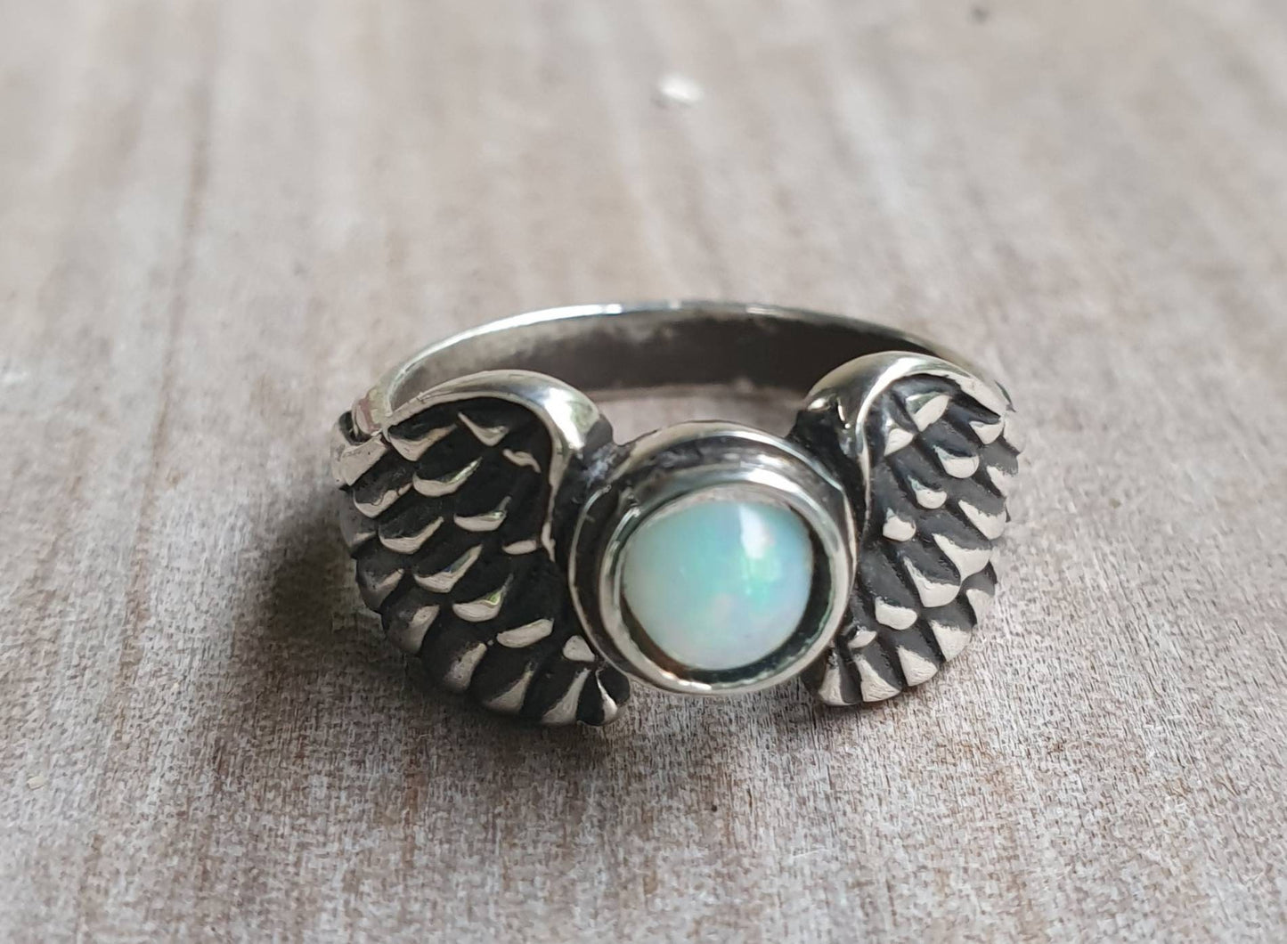 Angel wings,Ethiopian opal,goddess, sterling silver, feather, bird,boho,fairy,etheric,fantasy,pinkie ring,