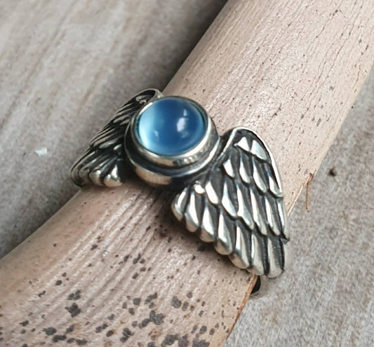 Angel wings ring,blue chalcedony,sterling silver,goddess,feather, bird,boho,fairy,etheric,fantasy,pinkie ring,