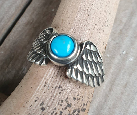 Angel wings ring,turquoise,sterling silver,goddess,feather, bird,boho,fairy,etheric,fantasy,pinkie ring,