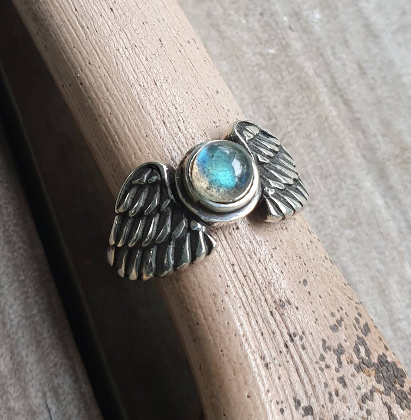 Angel wings,labradorite ring,goddess, sterling silver, feather,biker bird,boho,fairy,etheric,fantasy,pinkie ring,