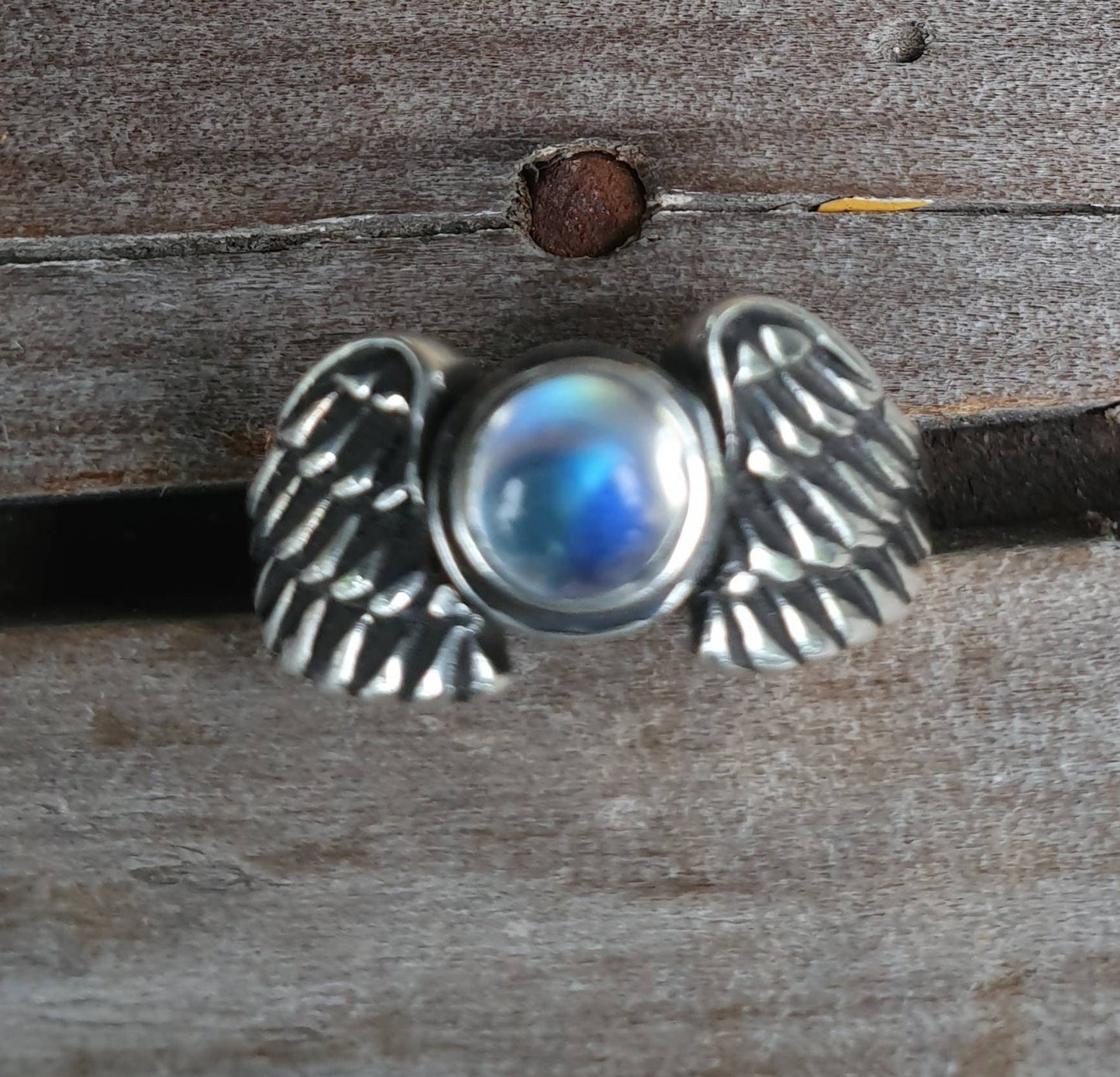 Angel wings,rainbow moonstone ring,goddess, sterling silver, feather,biker bird,boho,fairy,etheric,fantasy,pinkie ring,